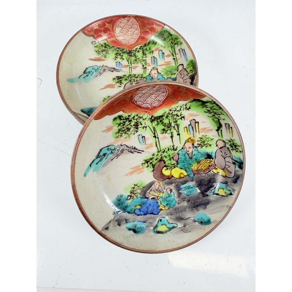 RARE Antique Chinese Small Hand Painted Dish 20th Century Kutani Set Of‎ 3